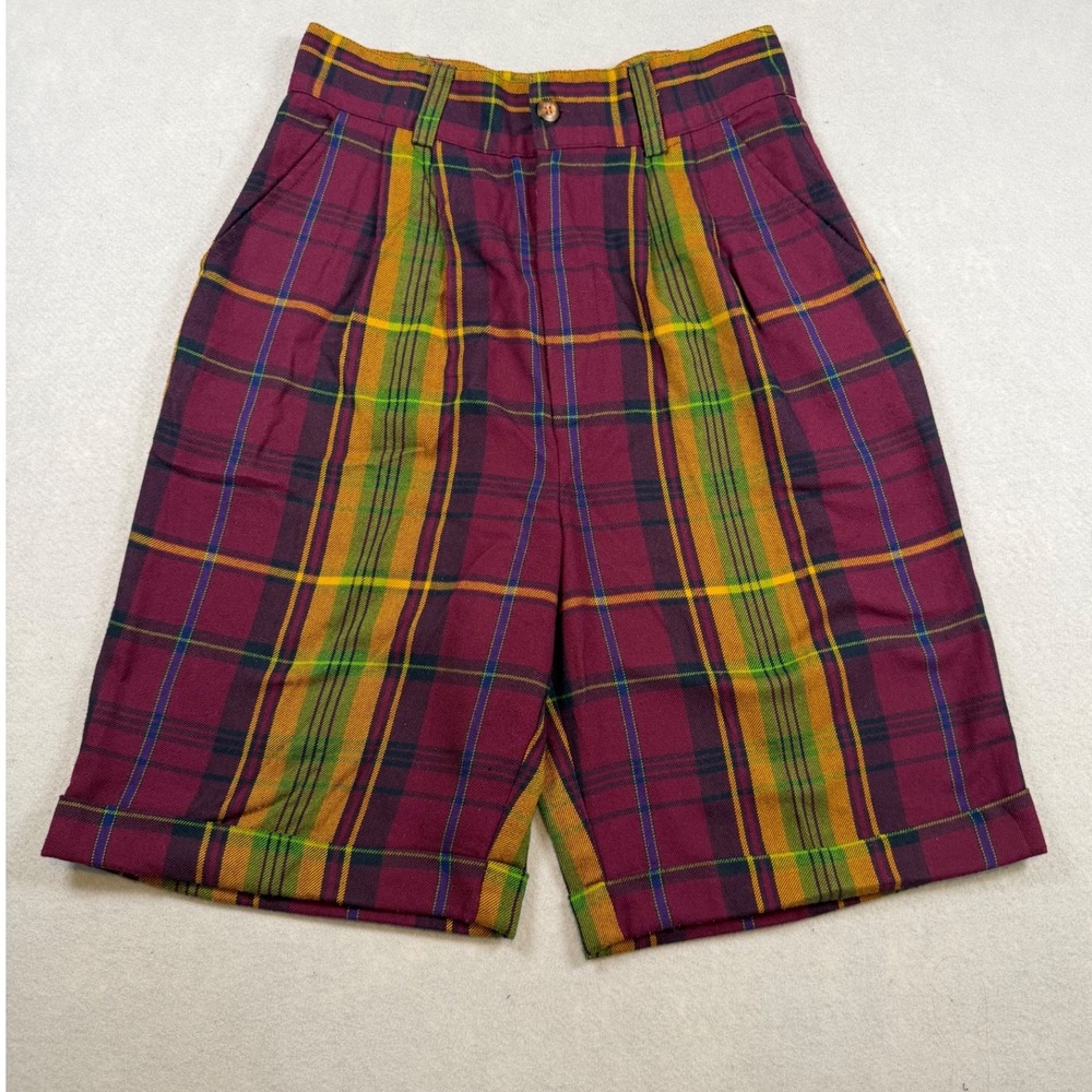 Vintage Esprit Plaid Shorts Burgundy Yellow Green High Waist Pleated Cuffed 5/6